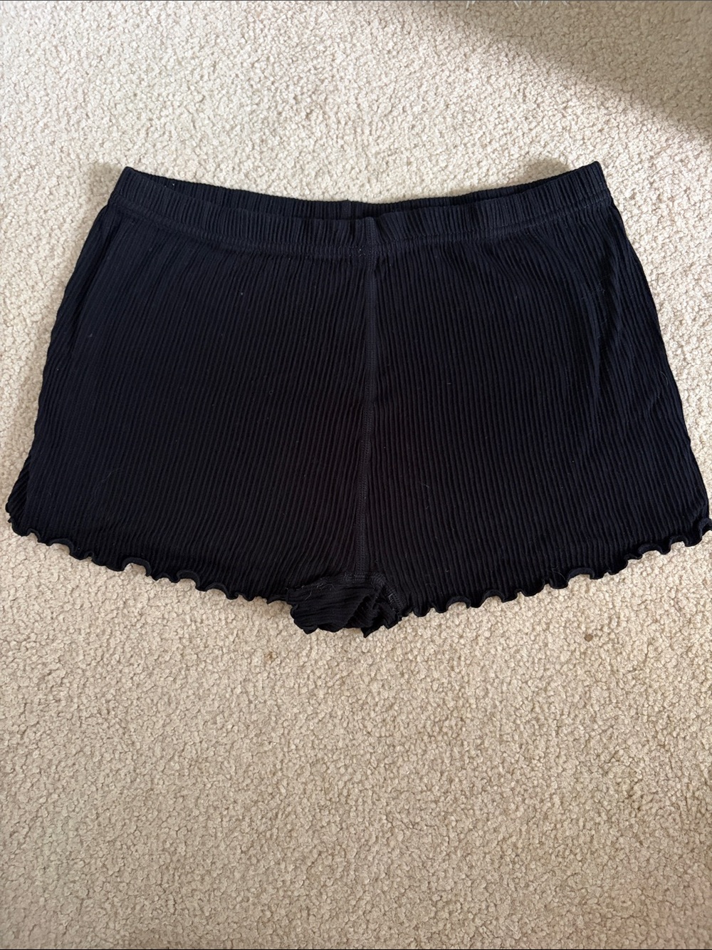 Black Ribbed Lounge Shorts with Ruffle Hem - Picture 2 of 4